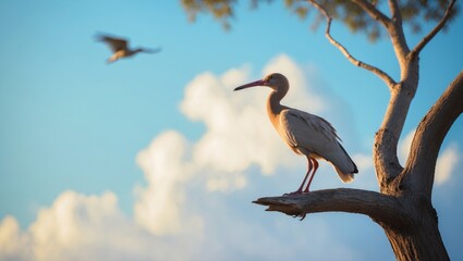 Obraz premium Image of an Australian Ibis perched on a tree with a blurred bird flying in the background under a blue sky with clouds.