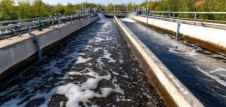 Large industrial water treatment facility with multiple sedimentation basins, highlighting pollution control and ecological conservation