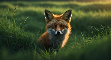 Fototapeta premium fox in the meadow - fox concealed in vegetation - fox observing - Fox (Vulpes vulpes)