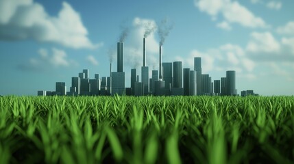 Lush green vegetation in the foreground with a heavily industrialized skyline in the background, symbolizing the conflict between nature and industry