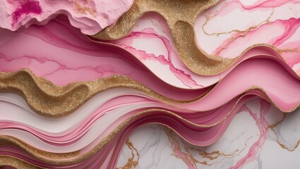 Luxe abstract background featuring pink and gold ink with marble-like textures, fluid art effects, and wavy designs reminiscent of underwater scenes.
