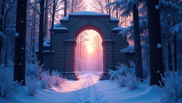Mysterious archway in a snowy forest bathed in purple light during twilight. Concealed passage in an enchanting winter woodland. Stunning winter landscape art. - Powered by Adobe