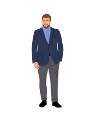 Elegant business man wearing fashion formal outfit. Handsome Plus size man standing full length. Bearded male character vector realistic illustration isolated 