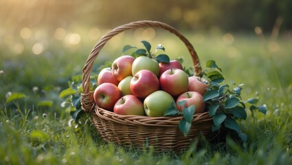 Freshly picked apples nestled in a wicker basket on lush green grass