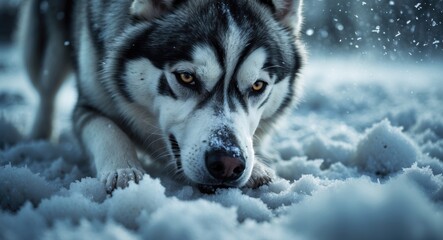 Siberian husky exploring the snowy ground, close-up view