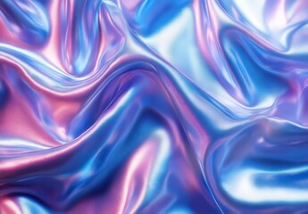 Obraz premium Shimmering Iridescent Satin Fabric with Fluid Waves in Soft Blue and Pink Hues Showing Texture and Light Reflection for Background or Textile Use