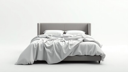 Close-up front view of a gray classic bed adorned with a white blanket, featuring a modern and contemporary design, set against a white background.
