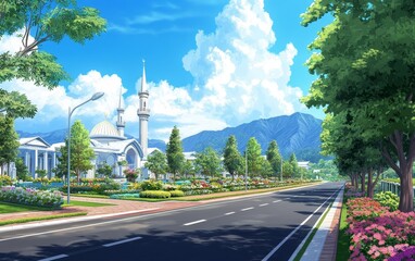 Serene urban landscape featuring a mosque amidst vibrant gardens and majestic mountains