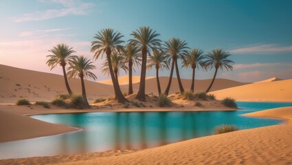 Date palms surrounding a lake at Chebika Oasis in the Sahara Desert
