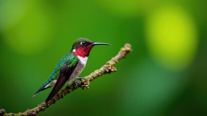 Fototapeta premium A tiny hummingbird perched on a branch, displaying its vibrant and glossy plumage in Costa Rica.