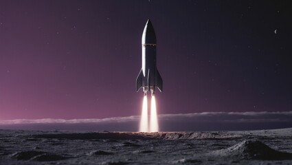 Obraz premium Illustration of a rocket descending onto the moon set against a purple backdrop, designed for versatile applications.