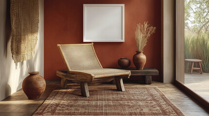 Fototapeta premium A warm, rustic lounge featuring a woven chair, terracotta vases, natural wooden bench, and earthy ochre walls. 