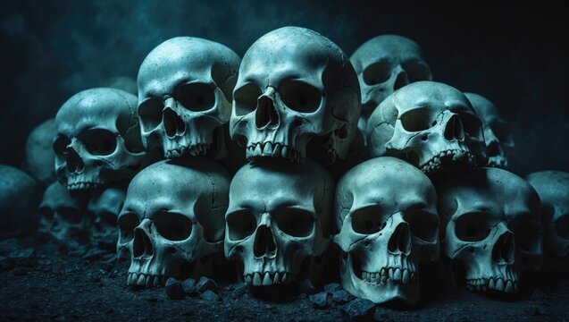 stack of skulls. Concept of apocalypse and hell. 3D rendering.