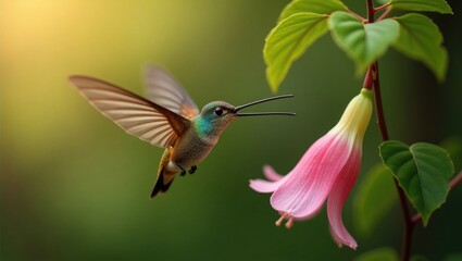 Fototapeta premium hummingbird moth in flight near a blossom (Macroglossum stellatarum)