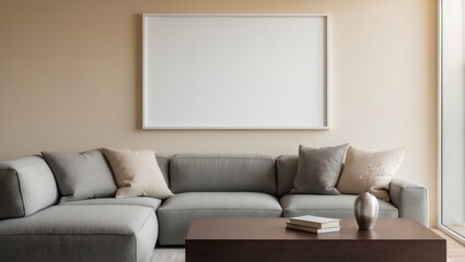 Contemporary living space featuring a mock-up poster frame, grey sectional sofa, window, coffee table, and personal touches in a warm, inviting arrangement. Soft beige tones. Template.
