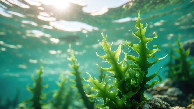 underwater photograph of laminaria sea kale in a saltwater ocean reef