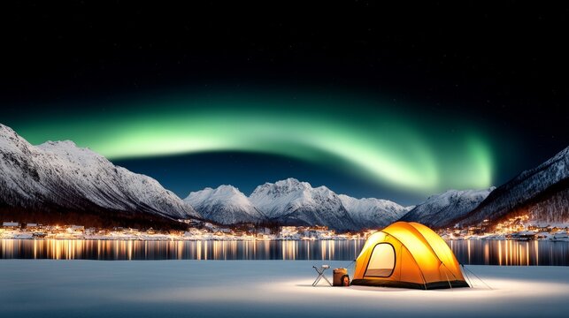 Illuminated winter camping under northern lights in snowy mountain landscape