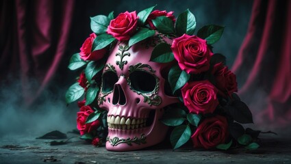 Decorative pink skull adorned with lush green leaves and vibrant red roses in a unique gothic style arrangement.