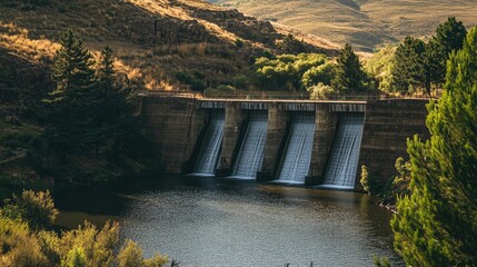 A serene dam in a wild, rugged landscape, with water flowing through the spillways and lush greenery surrounding the area