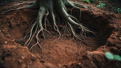 Fototapeta premium Image depicting an area of earth featuring a tree's root system.