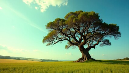 Fototapeta premium At the border of a field, a grand sessile oak, often referred to as a cornish oak, durmast oak, or quercus petraea, stands proudly. This impressive tree is protected as a natural monument.