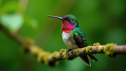 A tiny hummingbird perched and displaying its vibrant and glossy plumage in the Costa Rican rainforest.