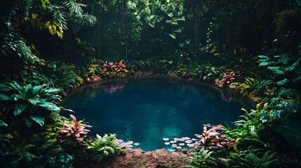 Serene Teal Jungle Pool Surrounded by Lush Greenery
