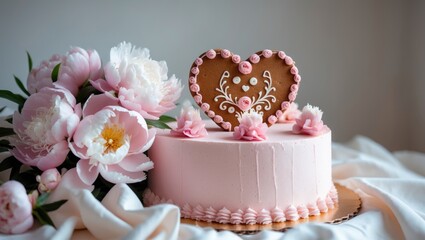 Delicate pink cake adorned with peonies and a heart-shaped gingerbread, perfect for a birthday celebration with a soft focus.