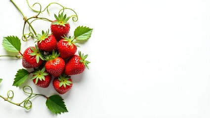 fresh red strawberries and green leaves on a white background, overhead view