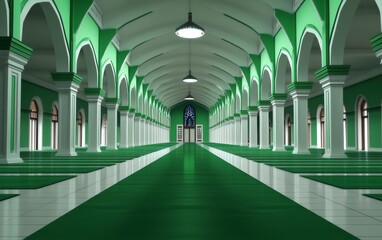 A serene interior of a green-themed mosque showcasing architectural beauty and tranquility