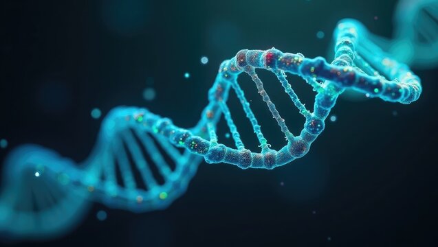 Glowing abstract strands of double helix DNA, visualization.