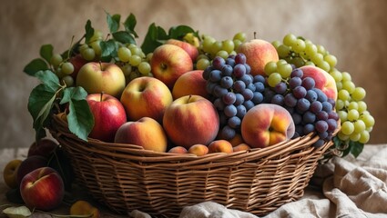 Fresh fruits arranged in a woven basket