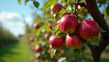 Obraz premium Abundance of mature red apples on a typical apple tree in a Dutch orchard as autumn approaches.