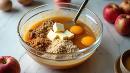 Combining ingredients in a spacious glass bowl for preparing an apple bundt cake topped with caramel glaze.