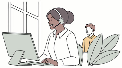 Smiling customer rep in office wears earphones, talks to customers. Shows positive work culture.