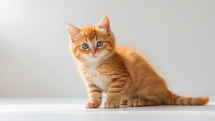 seven-week-old orange tabby kitten sitting alone on a white backdrop