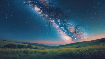 Naklejka premium Scenic view featuring the blue Milky Way. Starlit night with hills during summer. Stunning cosmos. Incredible universe. Celestial backdrop. Gorgeous galaxy.