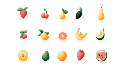 Obraz premium Colorful fruit icons isolated on white background. Possible use Educational material