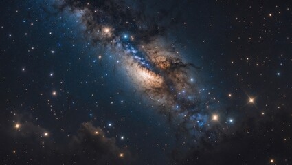 Wide-angle view of the Milky Way galaxy featuring stars and cosmic dust in the universe, captured through a long exposure, with grain and high resolution.