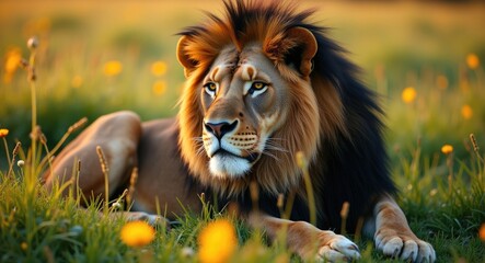 Fototapeta premium Lion with a dark mane resting on the grass amidst flowers.