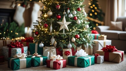 presents arranged around a decorated Christmas tree