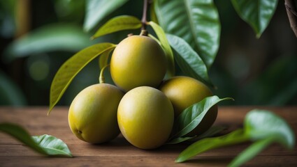 Unripe mangoes grouped together with a softly blurred leafy backdrop.