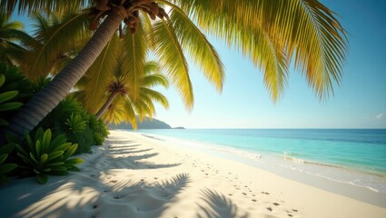 Fototapeta premium Lush palm leaves shading an elegant beach