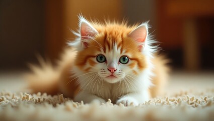 Fluffy orange and white kitten resting on a rug