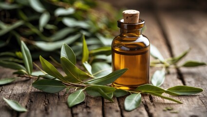 new tea tree leaves accompanied by an amber glass bottle of tea tree oil.