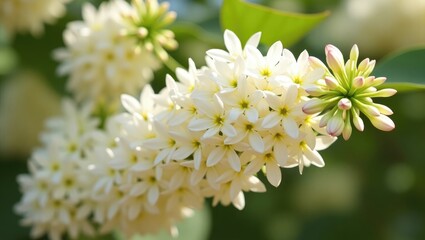 Clusters of fragrant white blossoms from the sweet pepper bush, Clethra alnifolia. Sweetpepper bush 'Hummingbird'.