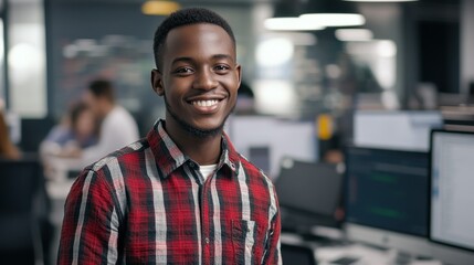 Obraz premium A young Black male software engineer smiles confidently in a modern office, showcasing a professional yet relaxed atmosphere in tech development.
