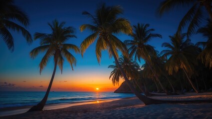 nighttime beneath the palm trees at the shore. A serene night by the beach with palms. vivid artwork for tranquility. Silhouetted palms at twilight. sky transitioning from blue to orange sunset. th...