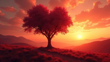 Naklejka premium Passion for the Outdoors - Crimson Landscape at Dusk - Love-Shaped Tree
