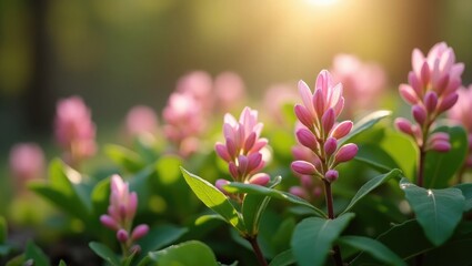Obraz premium Delicate pink blossoms emerging through the foliage in the garden